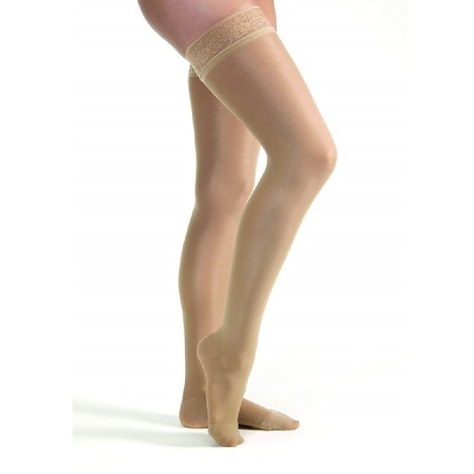 JOBST UltraSheer Compression Stockings 15-20 mmHg, Thigh High, Silicone Lace Band, Closed Toe, Natural