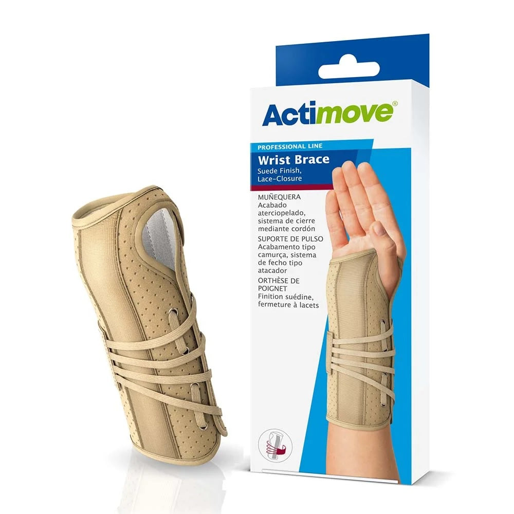 A Actimove® Professional Line, Wrist Brace in Beige with box on white background