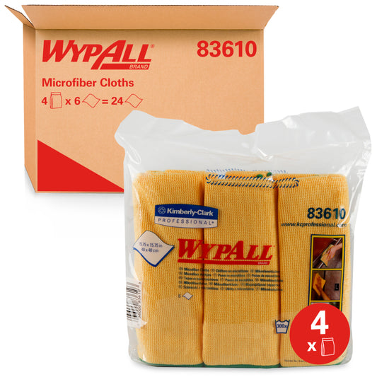 WypAll® Microfiber Cloth, Reusable, Yellow, 4 Packs, 6 Cloths, 15.75" x 15.75", 83610