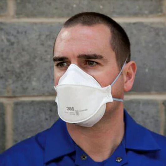 A man wear Aura 9205+ particulate respirator face mask