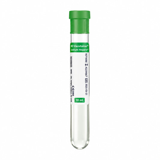 BD Vacutainer® Plasma Tube, Glass, 143USP Units Sodium Heparin, L100mm, OD 16mm, 10mL, 366480