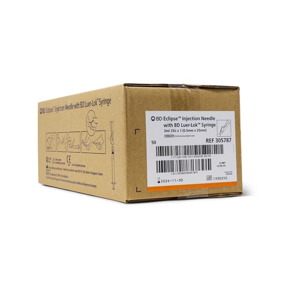 BD Eclipse Needle 25G x 1" with Detachable 3ml Luer-Lok Syringe, 305787 - Box of 50