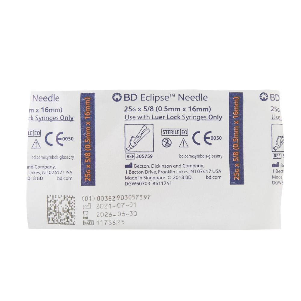 BD Eclipse Safety Needles 25G x 5/8", 305759 - Box of 100