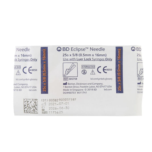 BD Eclipse Safety Needles 25G x 5/8", 305759 - Box of 100