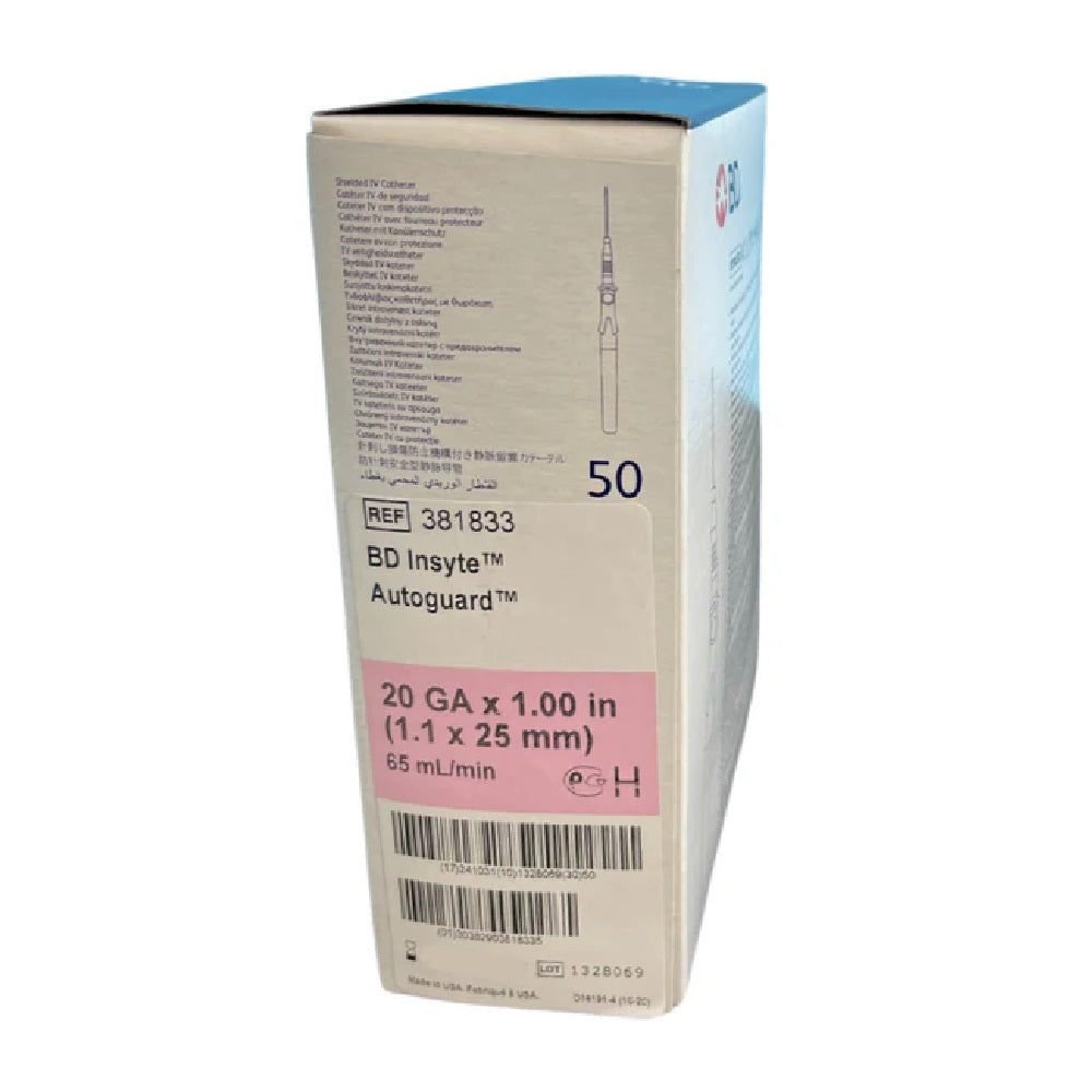 BD Insyte AutoGuard IV Catheter 20G x 1 in., Pink - Pack of 50