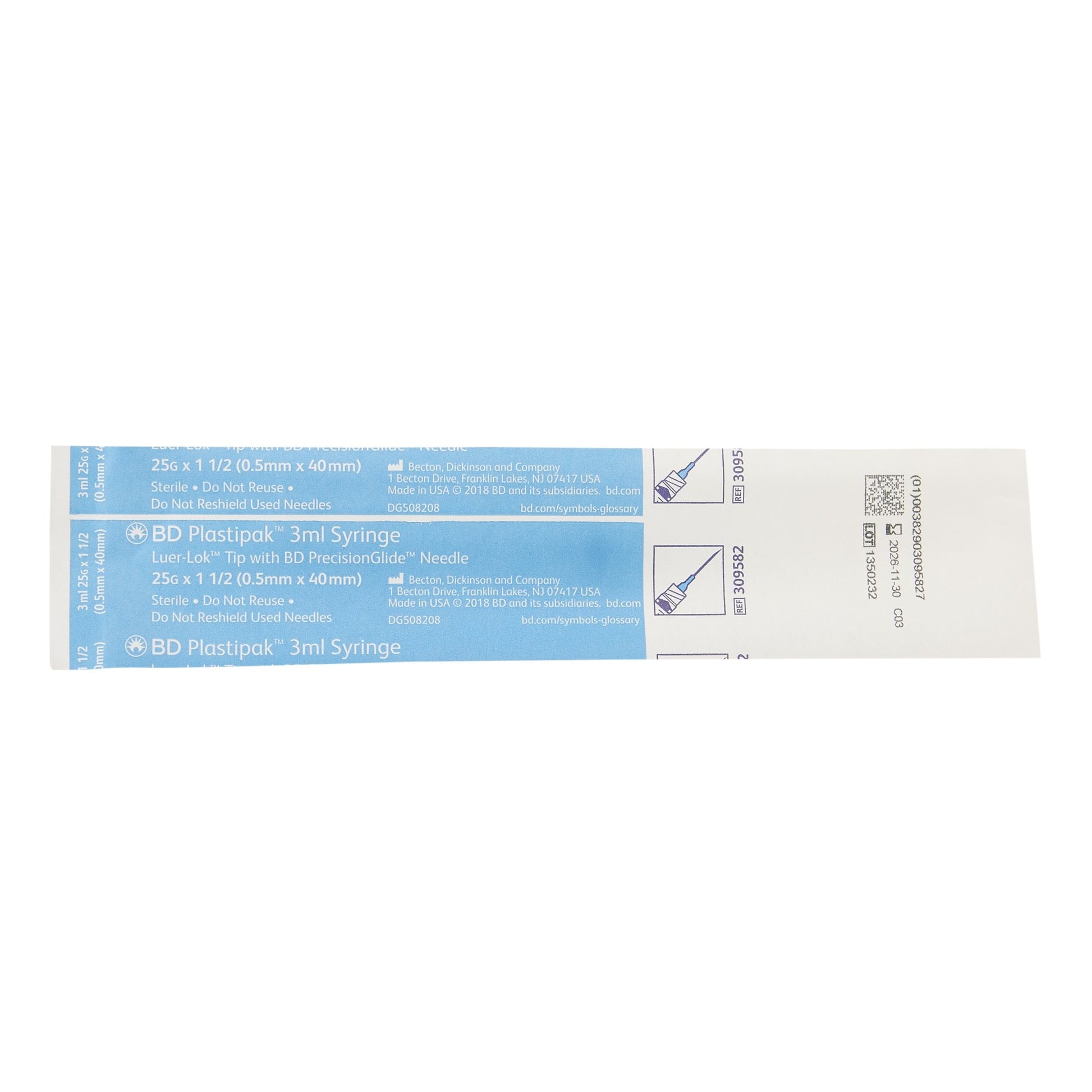 BD Luer-Lok Syringe with attached needle, 3ml, 25G x 1 1/2 in., Box of 100- 309582