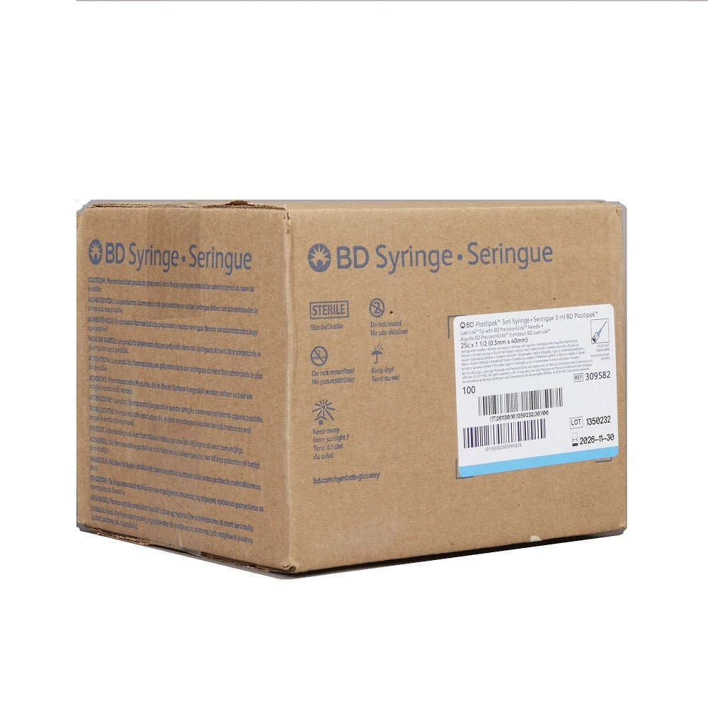 BD Luer-Lok Syringe with attached needle, 3ml, 25G x 1 1/2 in., Box of 100- 309582