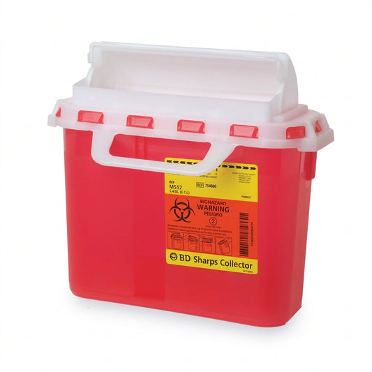 BD® Patient Room Sharps Container, 5.4 qt, Counterbalanced Door, Red - Case of 20, 305517