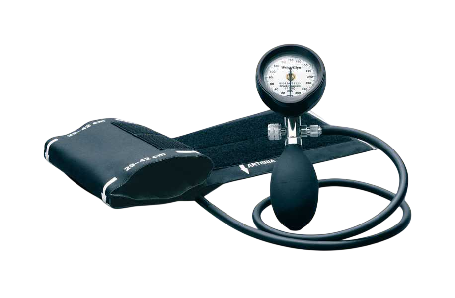 Black blood pressure monitor on a white background