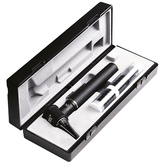 Black otoscope and flashlight set in an open black case on a white background