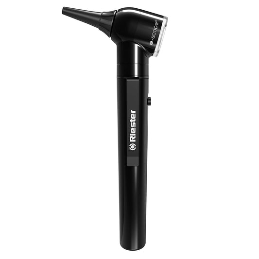 Black otoscope with Riester branding on a white background