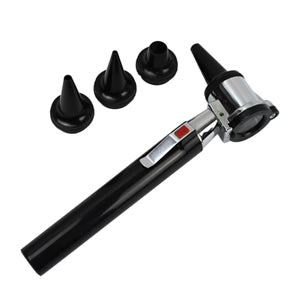 Black otoscope with attachments on a white background