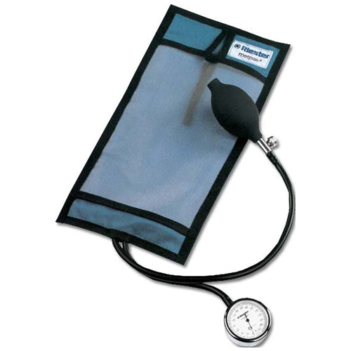 Blood pressure monitor with cuff on a white background
