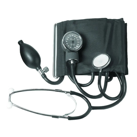 Blood pressure monitor with stethoscope on a white background