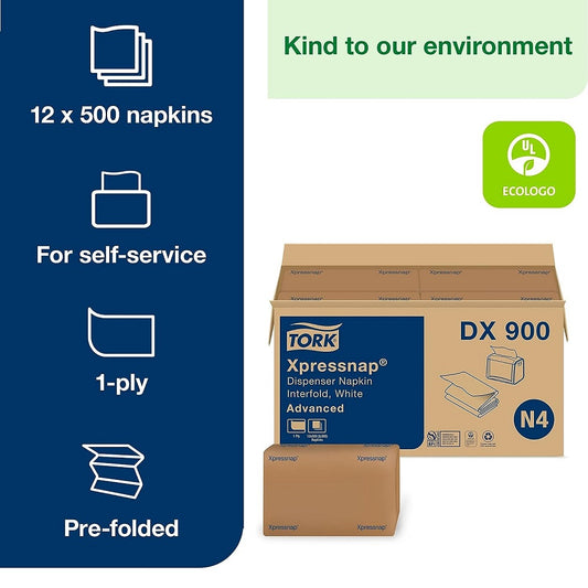 Tork® Advanced Xpressnap® Interfold Dispenser Napkin, 1 Ply, White, 500 Napkins/Pack, 12 Packs/Case
