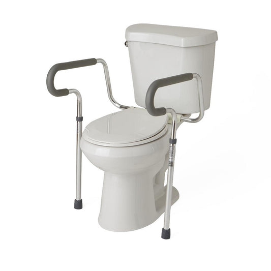 Foldable toilet safety rail with adjustable height from 26" to 31"