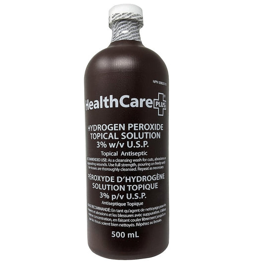 A of Healthcare Plus® Hydrogen Peroxide Topical Solution bottle taken from Front angles.