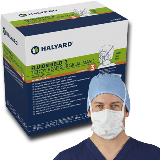 Halyard Fluidshield Level 3 Teddy Bear Surgical Mask, White with Teddy Bear Print