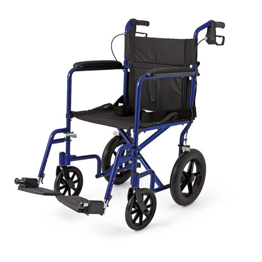 Medline Basic Aluminum Transport Chair with 12" Wheels, Full-Length Arms, Swing-Away Footrests, Blue