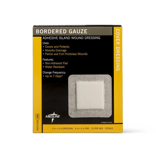 Medline Sterile Bordered Gauze Adhesive Island Wound Dressing, 6" x 6" with 4" x 4" Pad