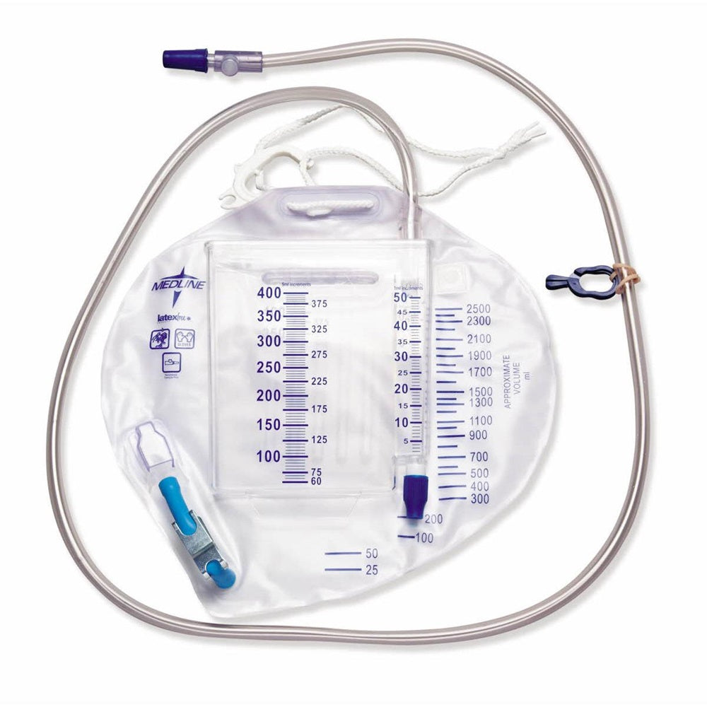Medline Urine Meter 400mL with Drain Bag 2500mL, Metal Clamp - Case of 10