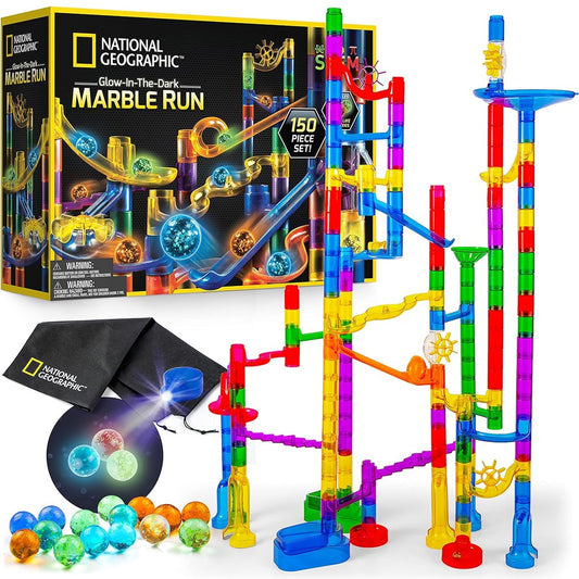 Glow-in-the-Dark Marble Run, 150-Piece, with 30 Glass Marbles & Storage Bag