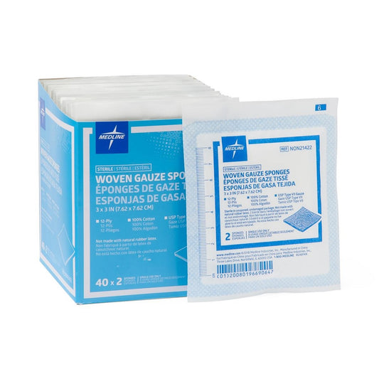 Medline Woven Sterile Gauze Sponges, 3" x 3" - Box of 80 Gauzes