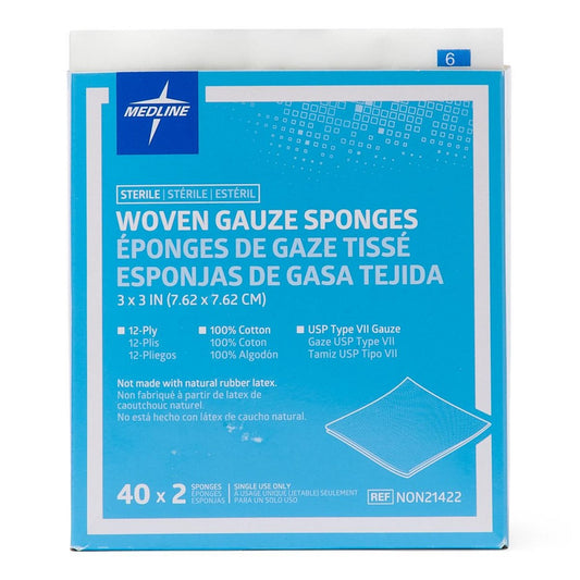 Medline Woven Sterile Gauze Sponges, 3" x 3" - Box of 80 Gauzes
