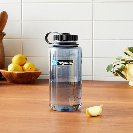 Nalgene Gray, w/ Black Cap, Sustain, Wide Mouth Water Bottle, 32 oz.