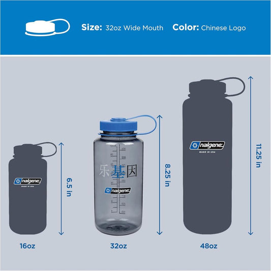 Nalgene Gray w/Blue Cap, Happy Gene Sustain, Wide Mouth Water Bottle, 32 oz.