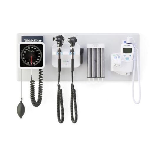 Welch Allyn Green Series 777 Integrated Wall System with PanOptic Plus LED Ophthalmoscope, MacroView Plus LED Otoscope for iExaminer, BP Aneroid, Ear Specula Dispenser, and SureTemp Plus Thermometer, PM3WAS