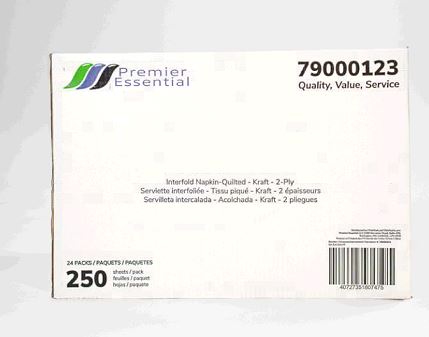 Premier Essential® Interfold Napkin, Embossed, Kraft, 7.87" X 6.5", 2 Ply, 250/Pack, 24 Packs/Case