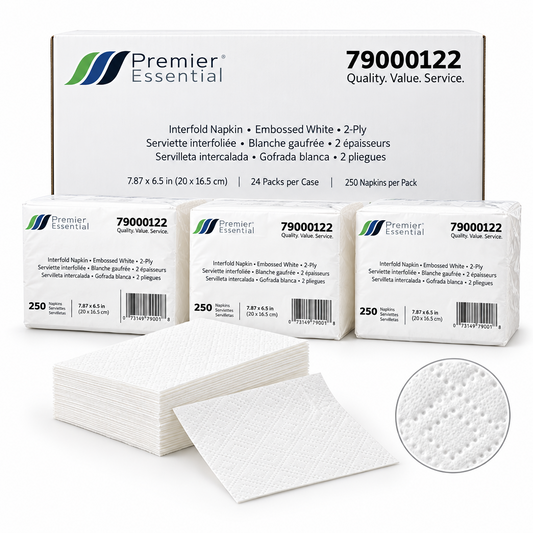 Premier Essential® Interfold Napkin, Embossed, White, 7.87" X 6.5", 2 Ply, 24 Packs/Case