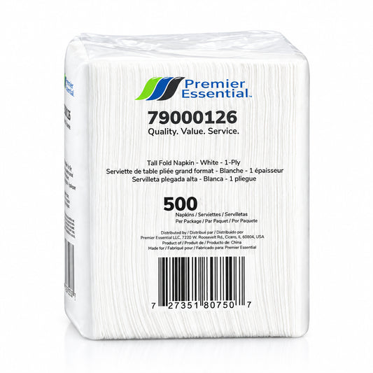 Premier Essential® Tall Fold Napkin, White, 13.39" X 6.93", 1 Ply, 500/Pack, 20 Packs/Case