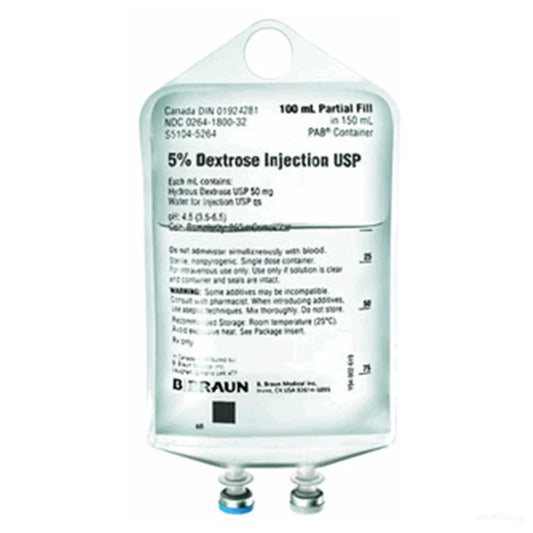 B. Braun, Dextrose 5% Solution, 100/150mL, PAB Plastic Bag, S5104-526400