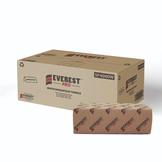 Everest Pro ™ White Hand Towel Sheets, Singlefold, 250 sheets, 1 ply, 9" x 9.5"- Case of 16 Packs