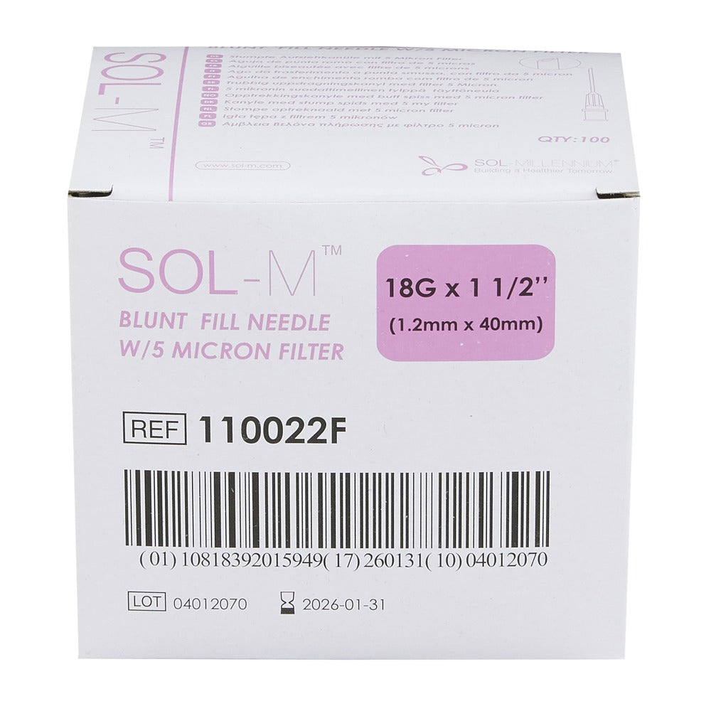 SOL-M Blunt Fill Needle with 5 Micron Filter 18Gx 1 1/2", 110022F - Box of 100