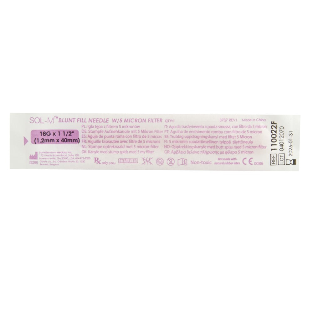 SOL-M Blunt Fill Needle with 5 Micron Filter 18Gx 1 1/2", 110022F - Box of 100