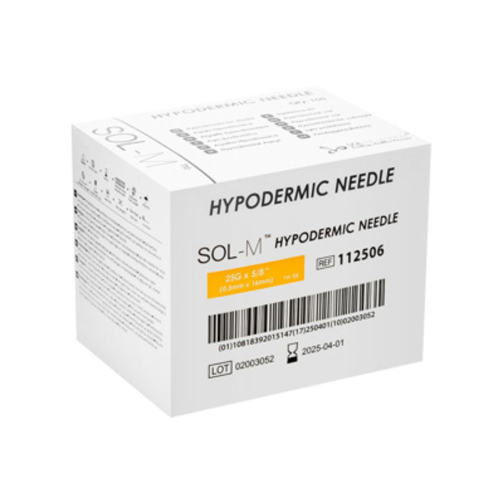 SOL-M Hypodermic Needle 25G x 5/8", 112506 - Box of 100