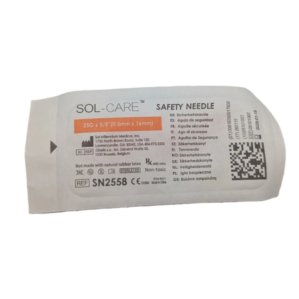 SOL-M Safety Flip Style Needle 25G x 5/8 in. - Box of 100