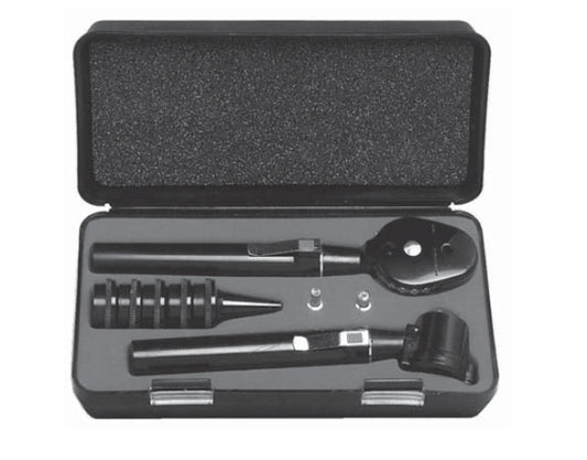 Set of medical tools including an otoscope and other instruments in a black case on a white background.