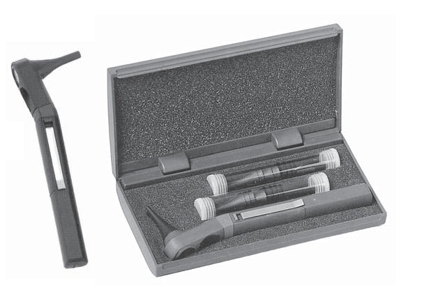 Set of medical tools including an otoscope in a gray case on a white background