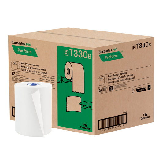 Cascades PRO Perform Roll Paper Towel, 1-Ply, White, 600 feet, 12 rolls/pack, Recycled, Certified