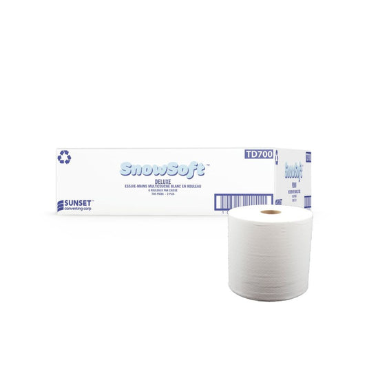 Snow Soft ™ White Paper Towel Rolls, 2 Ply, 7.65" x 700'- Case of 6 Rolls