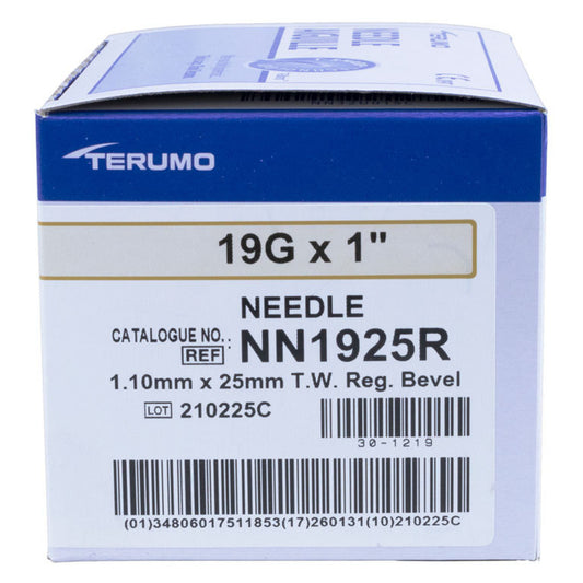 Terumo Needle Hypo 19g x 1in. RB RW CLR Hub -Box of 100