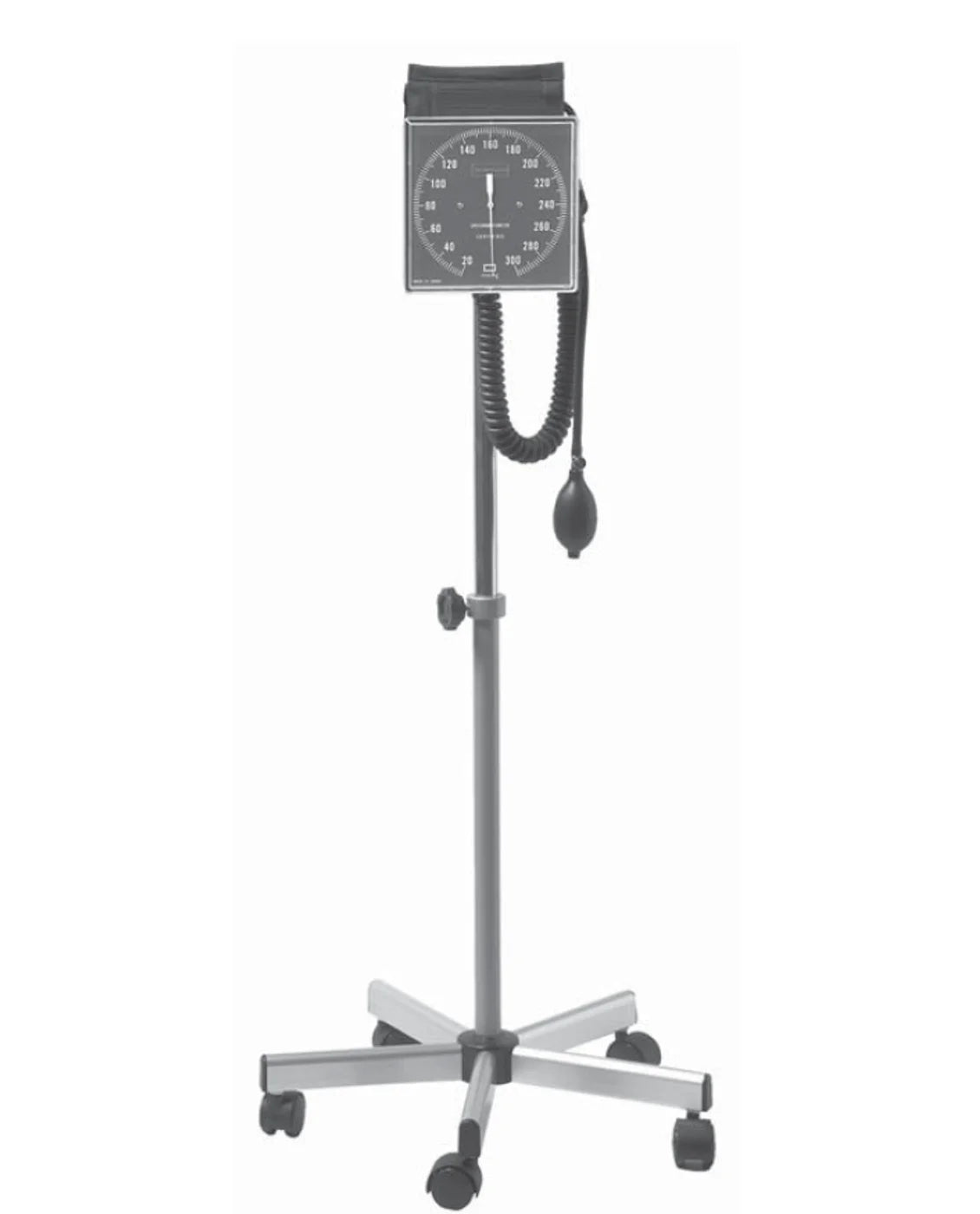 Traditional blood pressure monitor with stand on a white background
