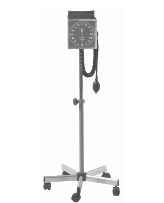 Traditional blood pressure monitor with stand on a white background