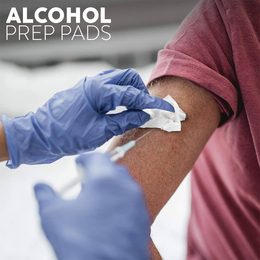 The doctor is using Stevens Alcohol Prep Pads while administering an injection.