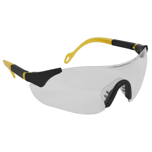 Safety glasses with black and yellow frame on a white background